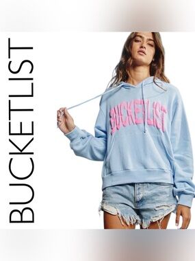 BUCKETLIST Sky Blue Hoodie with Neon Pink Text